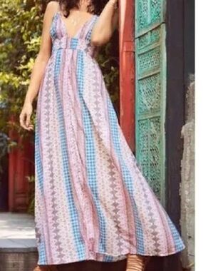 Lulu's Pink & Blue Striped Boho V-Neck Maxi Dress